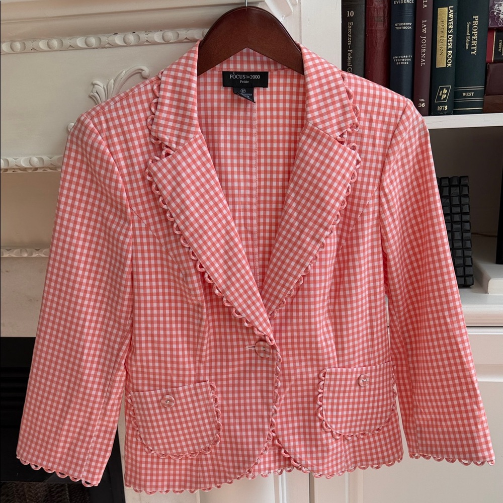 Vintage Focus 2000 Pink Coral Gingham Scallop Trim Blazer Jacket 8P Petite